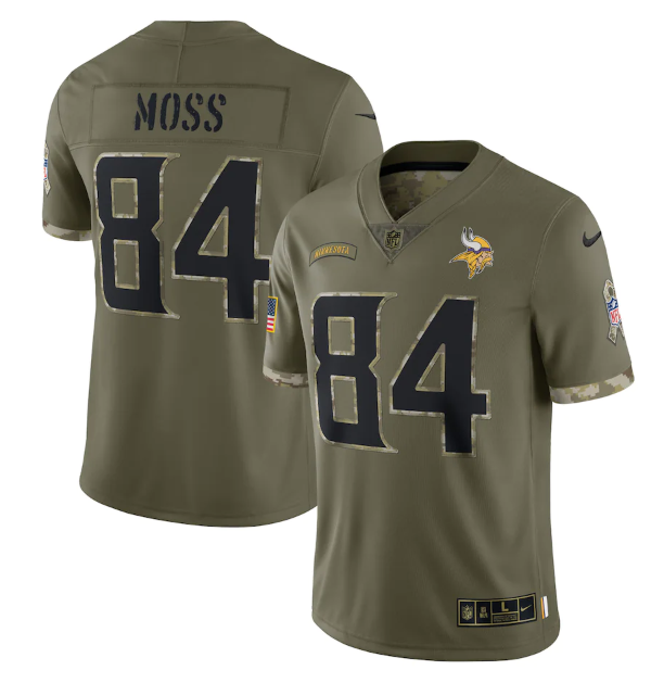 Men's Minnesota Vikings #84 Randy Moss Olive 2022 Salute To Service Limited Stitched Jersey Men's Minnesota Vikings #84 Randy Moss Olive 2022 Salute To Service Limited Stitched Jersey